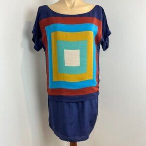 Kookai 100% Silk 40 US Large Multicolored Geometric Short Sleeve Shirt Dress